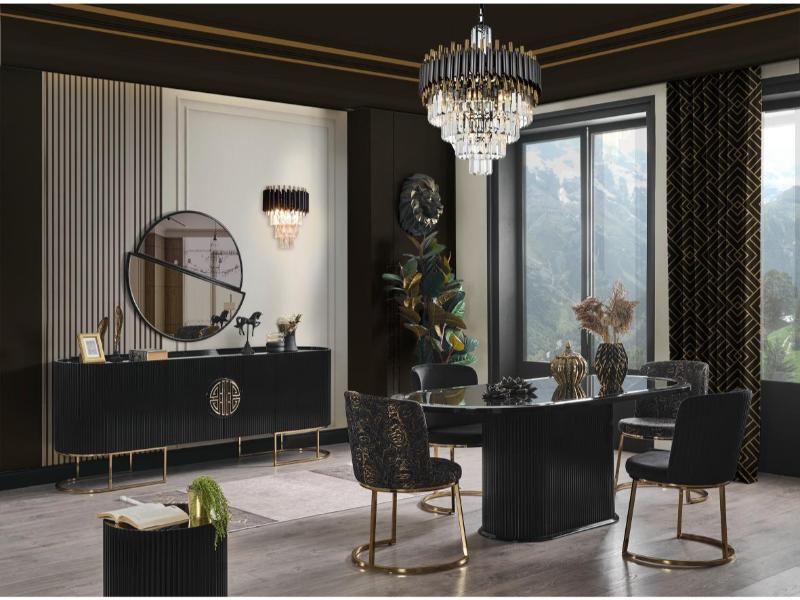 Gucci Siyah Renk Siyah Cam Krom Metal Yemek Odası Takımı 